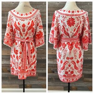 Farm Rio Red/White Bird Pineapple Print Embroidered Tie Dress Size Small